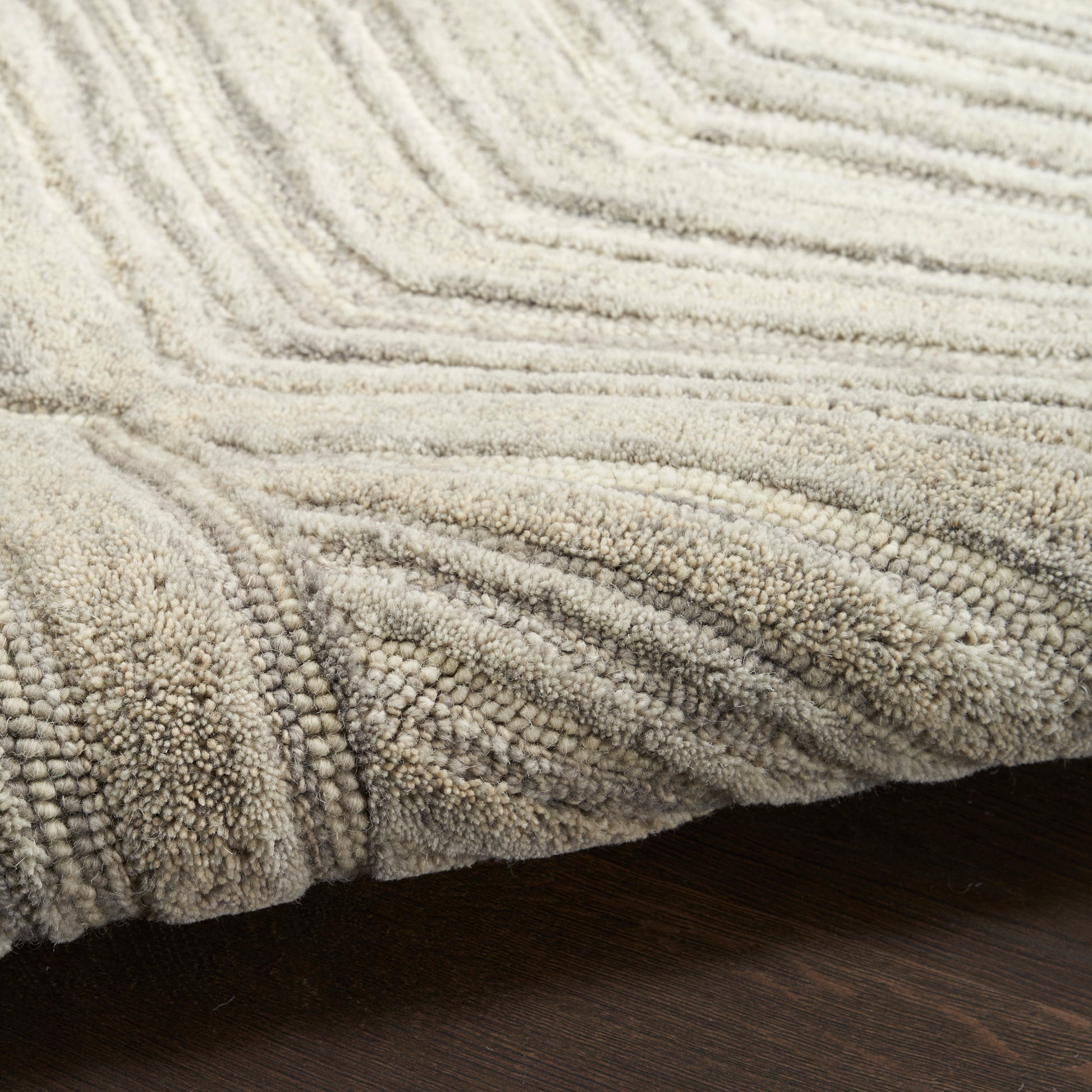 Beige shag rug with thick loop pile and subtle wave texture on dark wood floor.