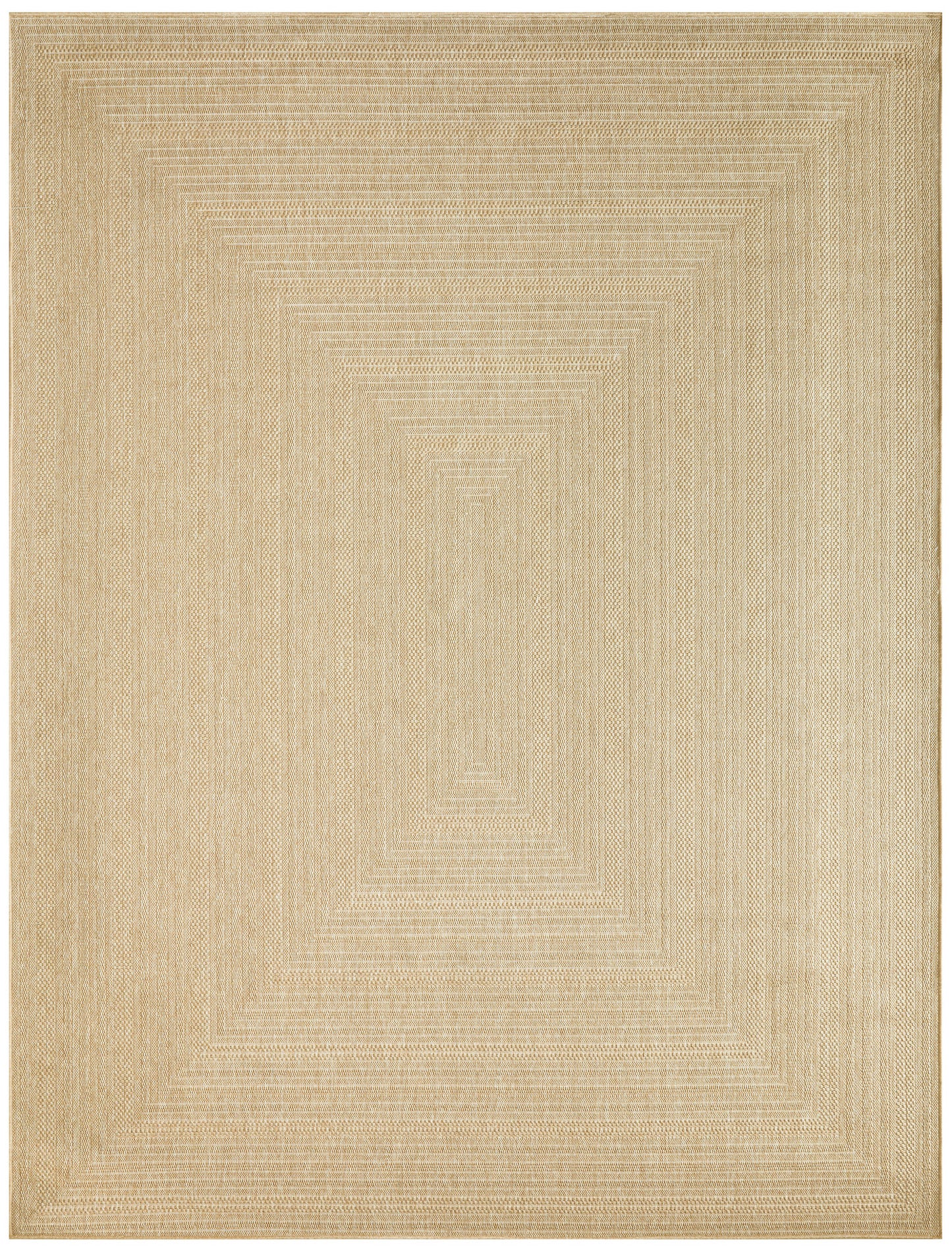 Beige woven area rug with a geometric concentric rectangle pattern in soft gold tones.