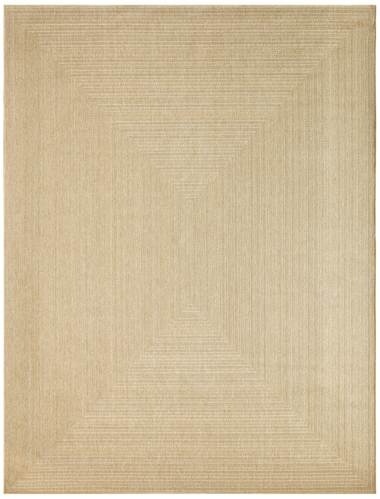 Beige woven area rug with a geometric concentric rectangle pattern in soft gold tones.