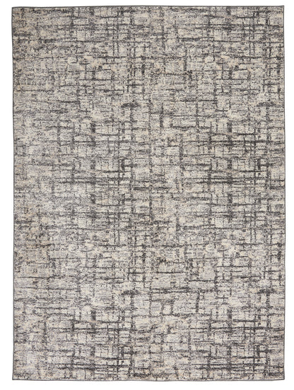 Rectangular gray-beige textured area rug with a distressed abstract grid pattern.