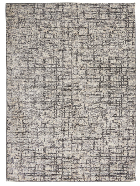 Rectangular gray-beige textured area rug with a distressed abstract grid pattern.