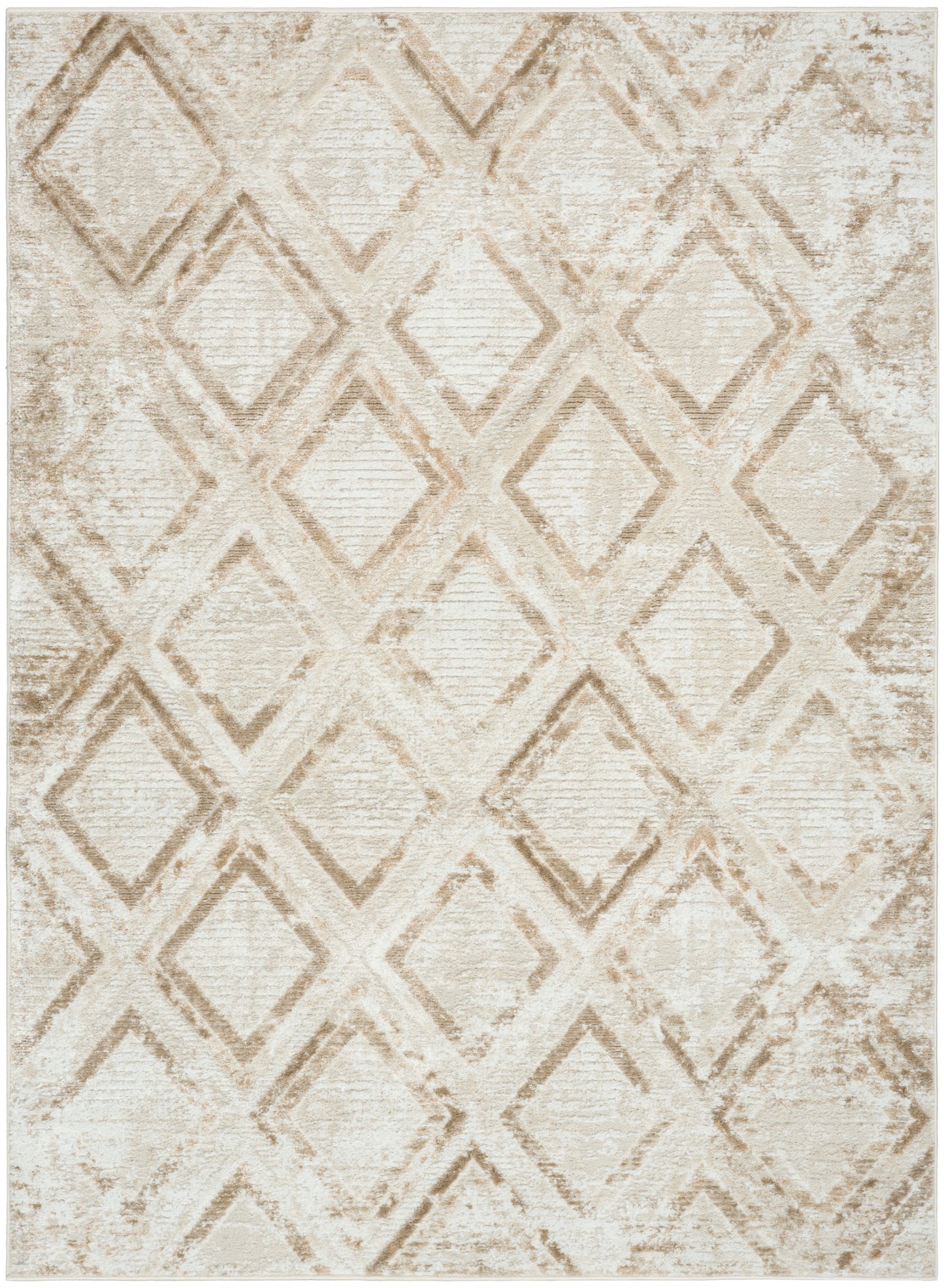 Neutral beige and cream diamond lattice rug with distressed texture.