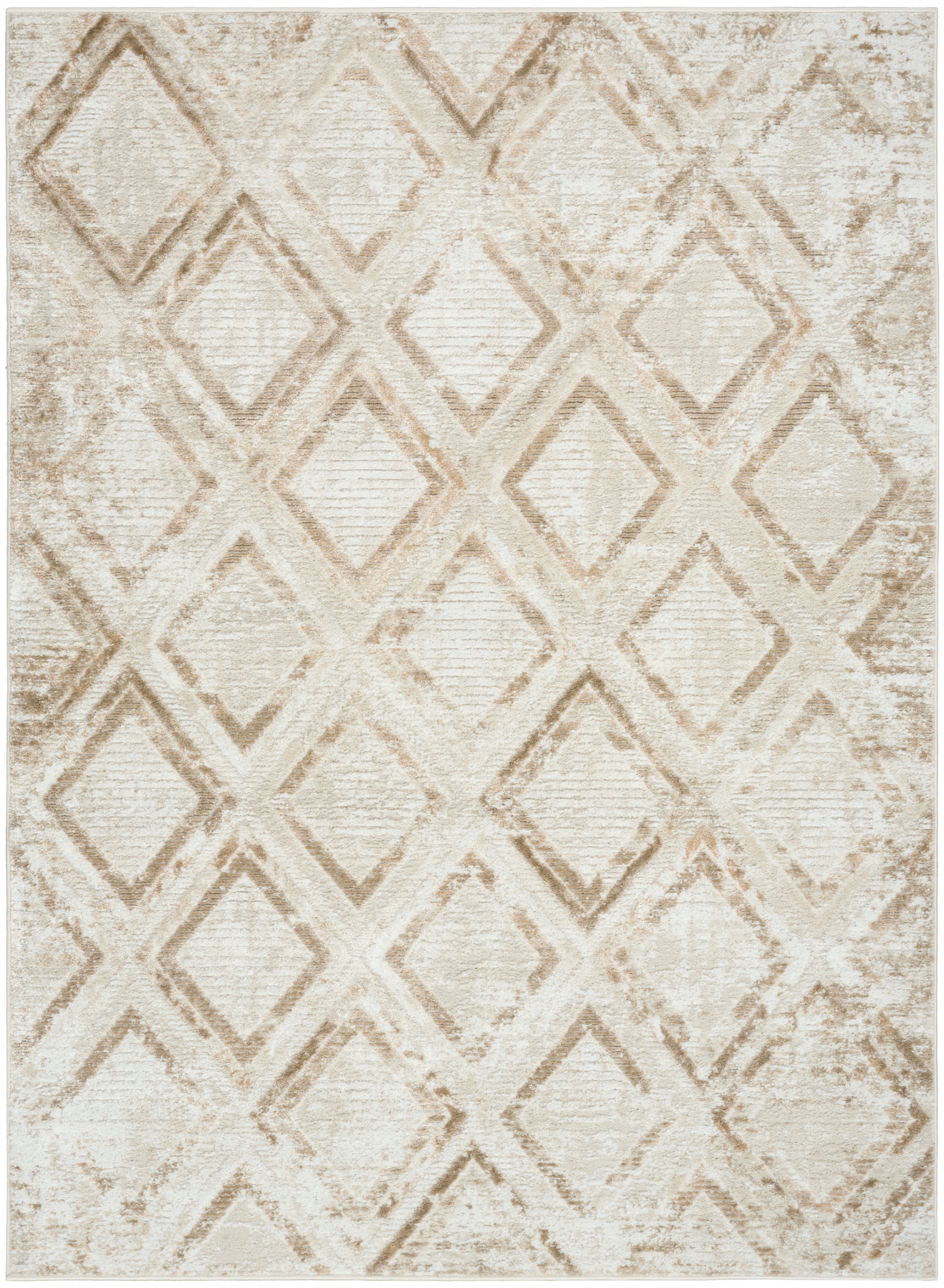 Neutral beige and cream diamond lattice rug with distressed texture.