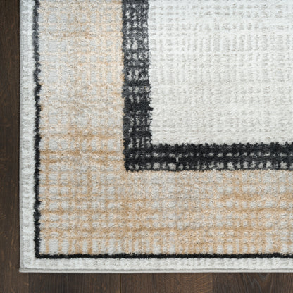 Neutral beige and ivory area rug with black framed border; loop-pile texture, modern geometric pattern on dark wood floor.