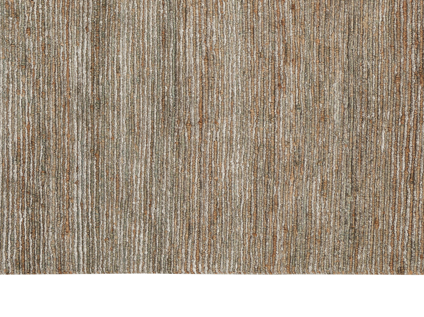 Natural woven rug with vertical beige, brown and gray stripes; rustic jute look, ideal for living rooms or hallways.
