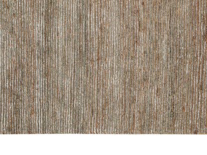 Natural woven rug with vertical beige, brown and gray stripes; rustic jute look, ideal for living rooms or hallways.