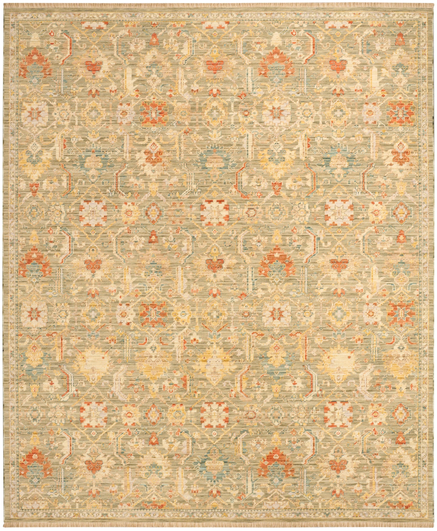 Muted beige oriental rug with light blue, orange & ivory floral motifs in a repeating medallion pattern.