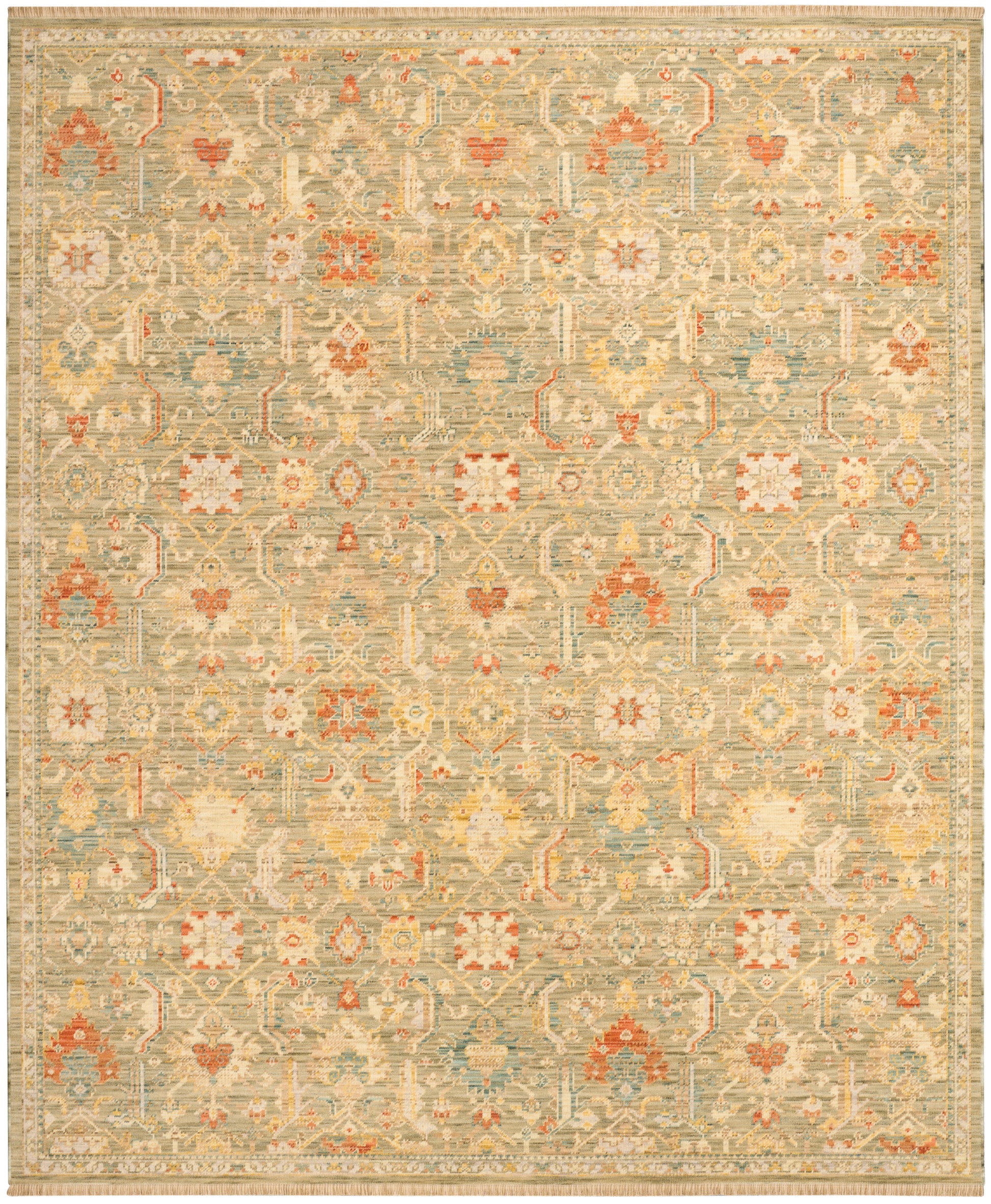 Muted beige oriental rug with light blue, orange & ivory floral motifs in a repeating medallion pattern.