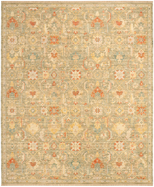Muted beige oriental rug with light blue, orange & ivory floral motifs in a repeating medallion pattern.