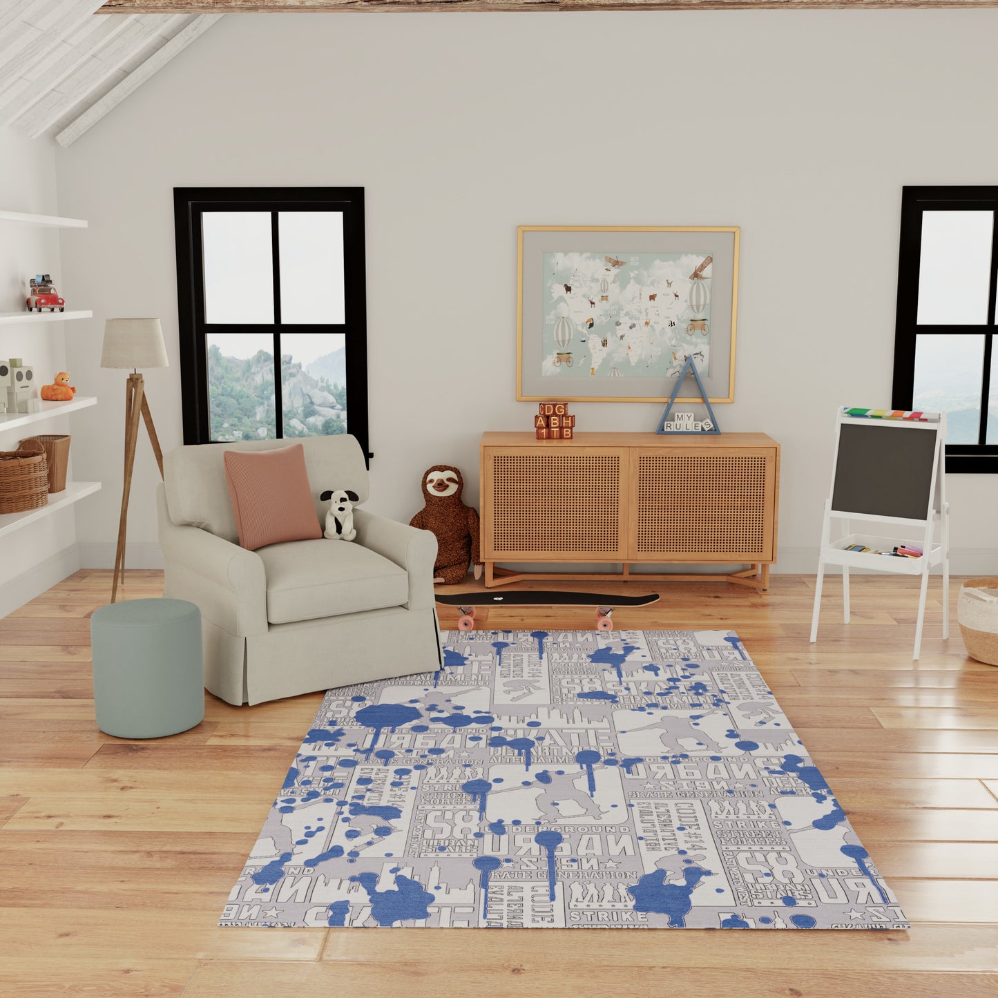 Cozy living room featuring beige armchair, blue patterned rug, wicker-front cabinet, map artwork, and light wood floors with large windows.