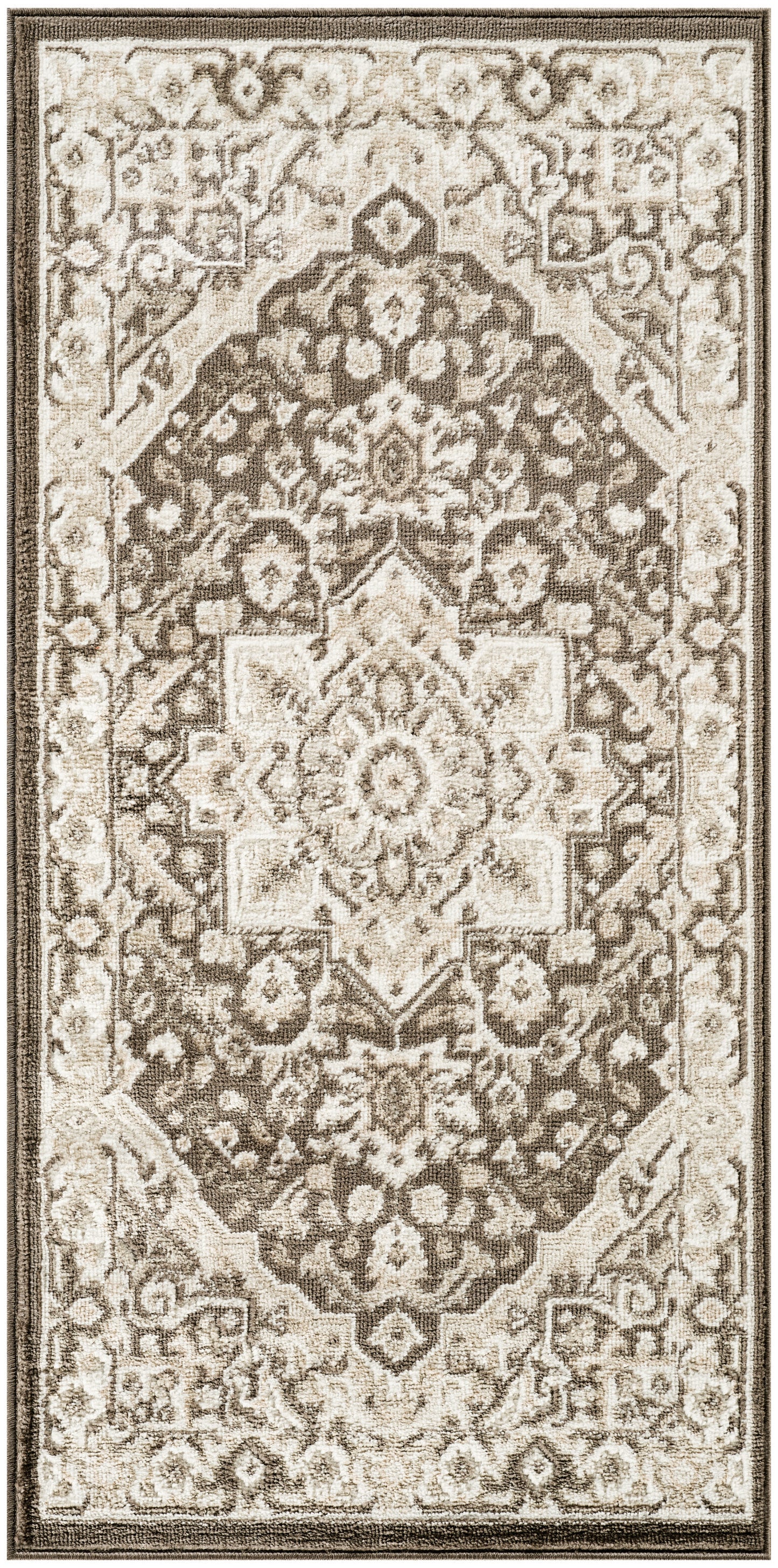Rectangular Persian-style rug in cream and brown with a central medallion and ornate floral border.