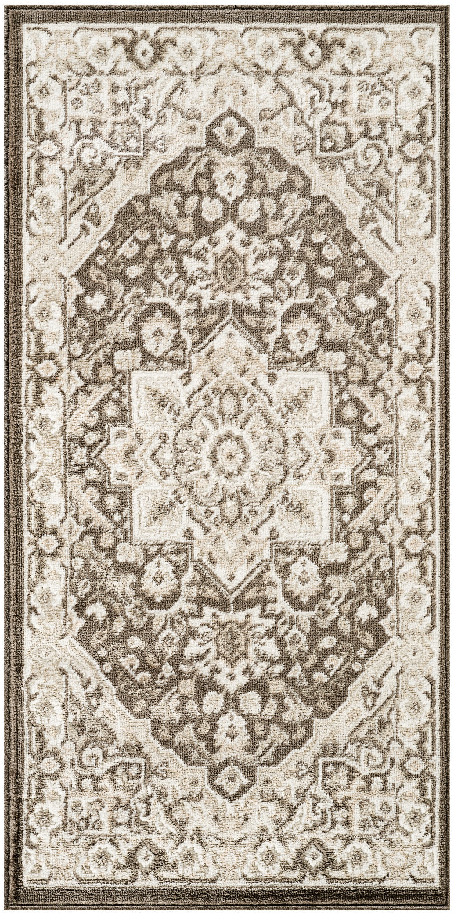 Rectangular Persian-style rug in cream and brown with a central medallion and ornate floral border.