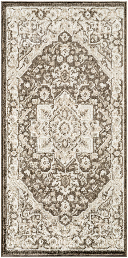 Rectangular Persian-style rug in cream and brown with a central medallion and ornate floral border.