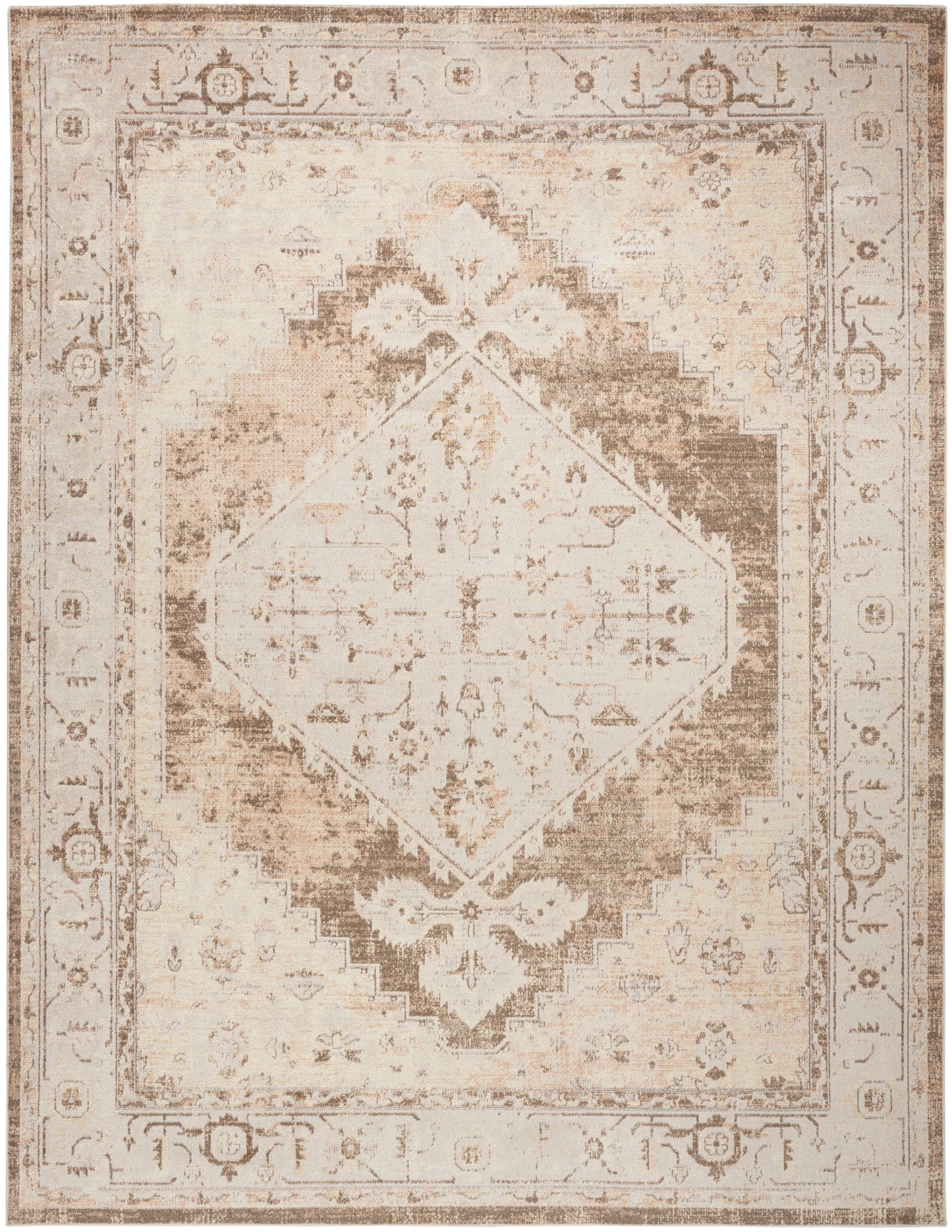 Rectangular distressed beige-ivory oriental rug with central diamond medallion, floral border, vintage worn look.
