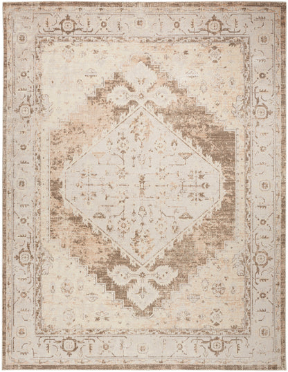 Rectangular distressed beige-ivory oriental rug with central diamond medallion, floral border, vintage worn look.