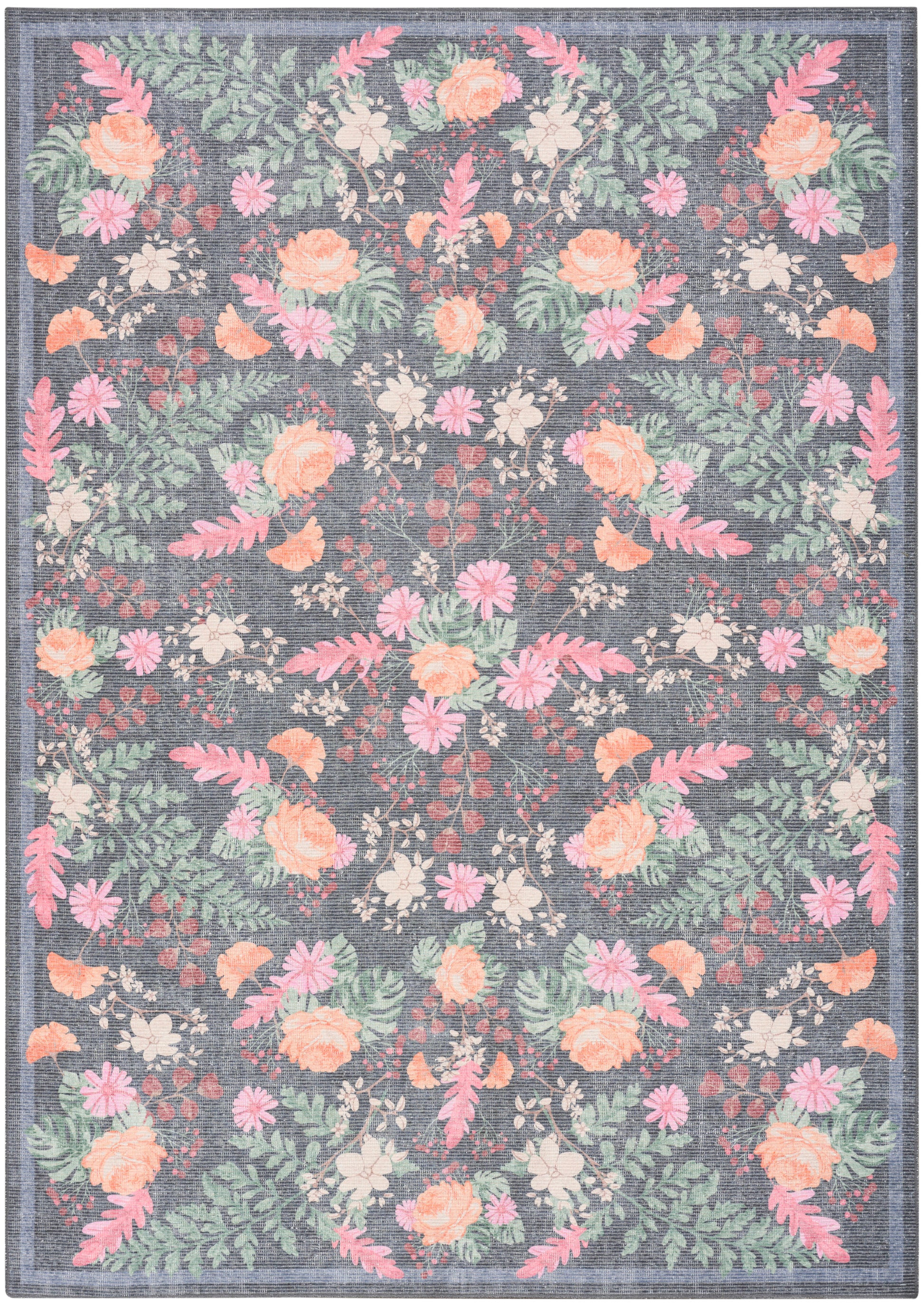 Rectangular floral area rug with peach, pink and white blossoms on a dark navy background, green leaves, and a bordered edge.