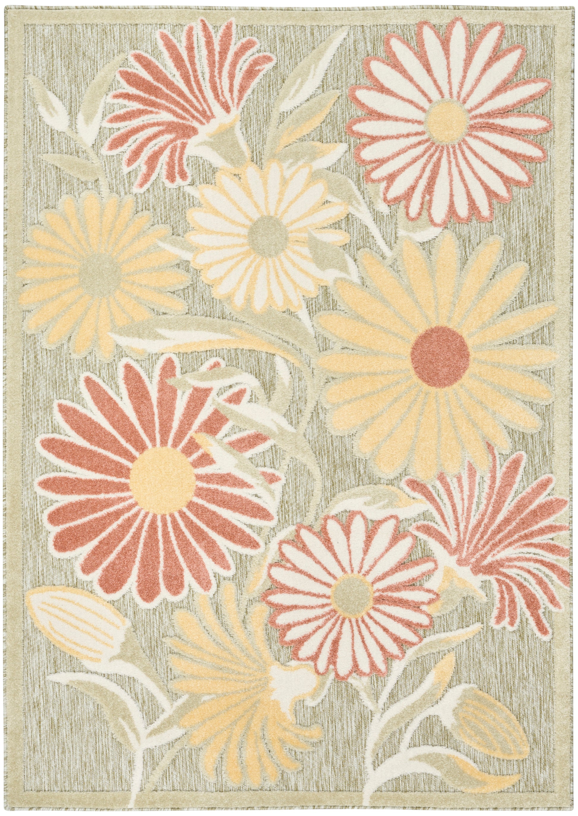 Floral outdoor rug with large pink, peach, and yellow daisies on a textured beige-gray background.