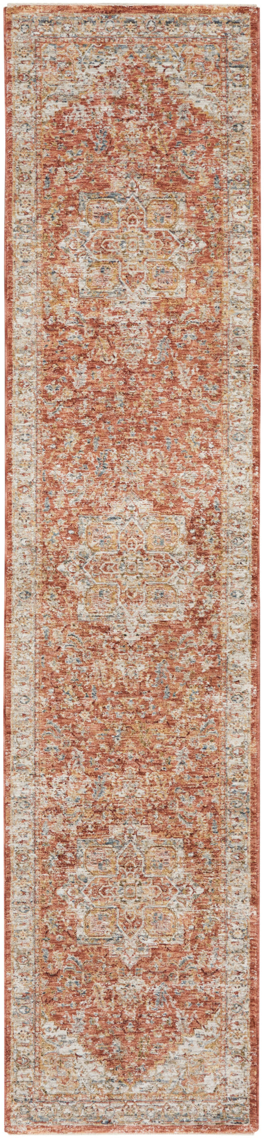 Distressed orange Persian-style hallway runner rug with cream border and muted blue accents; repeating ornate medallions.