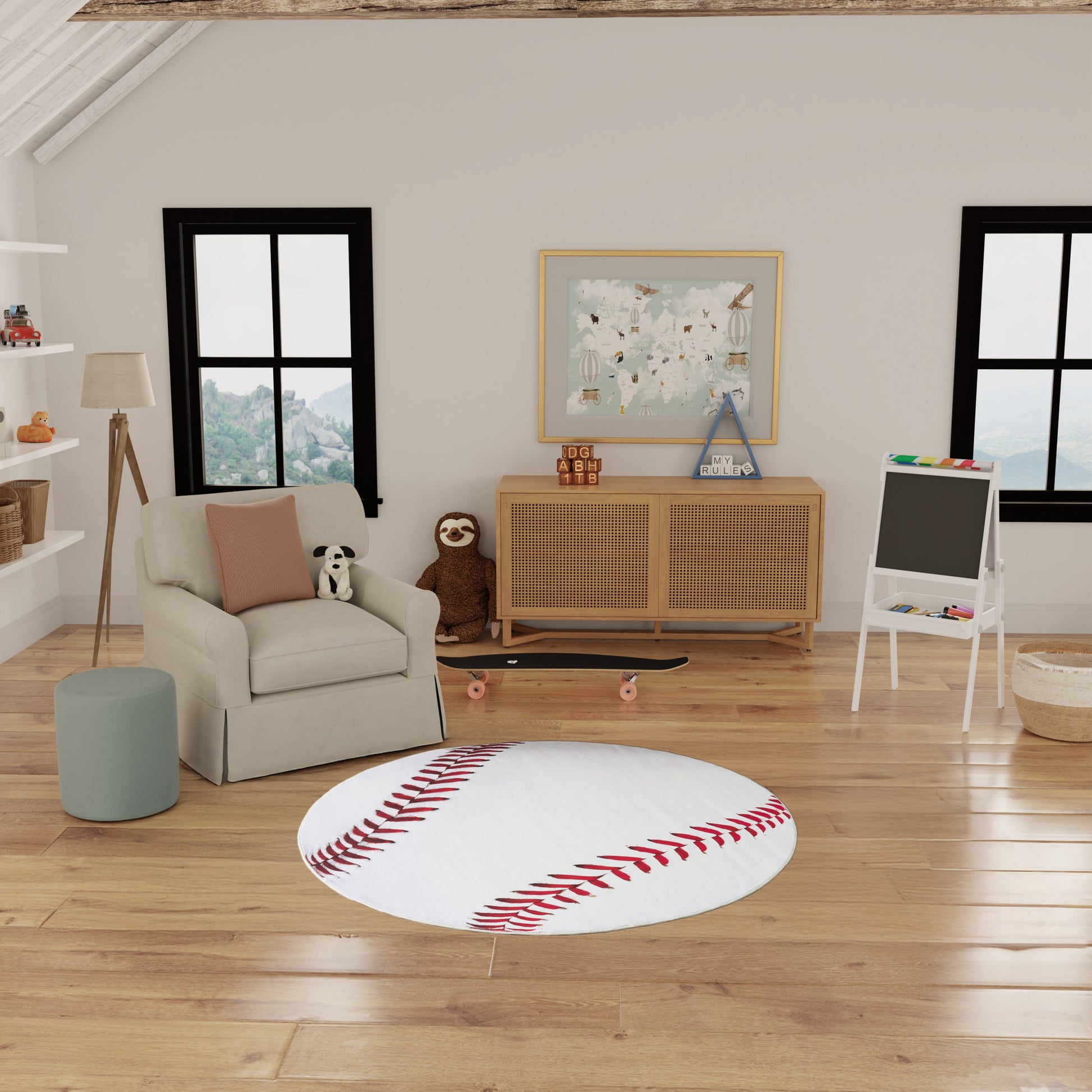 Round white baseball-stitch rug on wooden floor in cozy kids lounge with gray armchair, pastel cushions.
