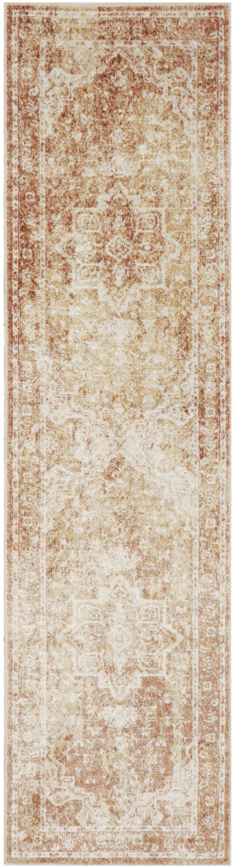 Distressed vintage oriental runner rug in beige and rust tones with a faded medallion border.