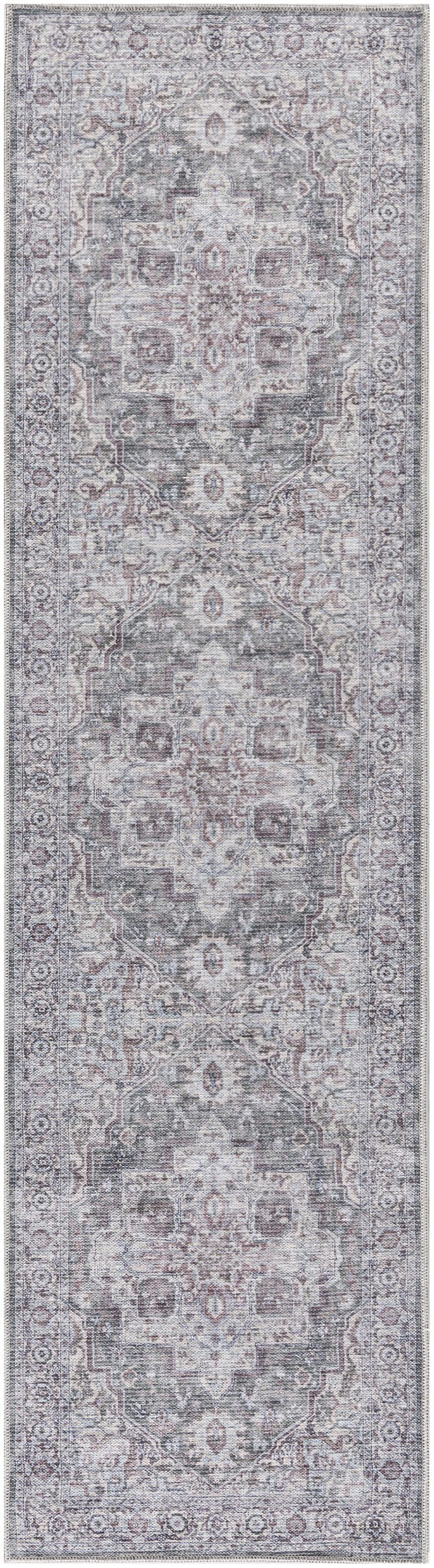 Distressed vintage-style oriental runner rug in muted gray-blue, ivory, blush with central medallions and ornate borders.