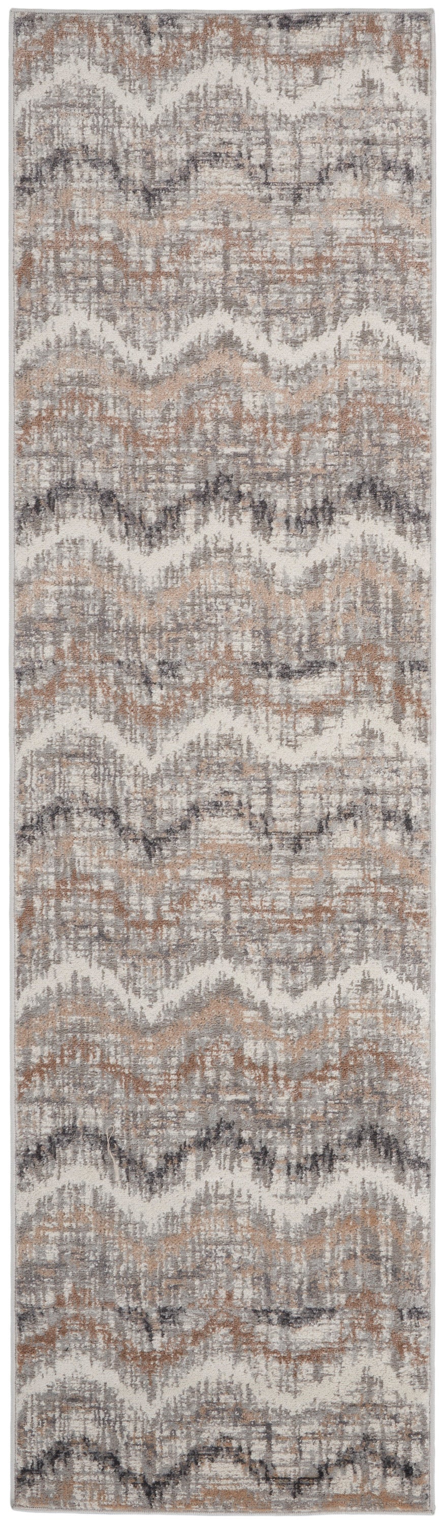 Rectangular runner rug with neutral wavy chevron pattern in beige, taupe, gray and ivory; woven texture.