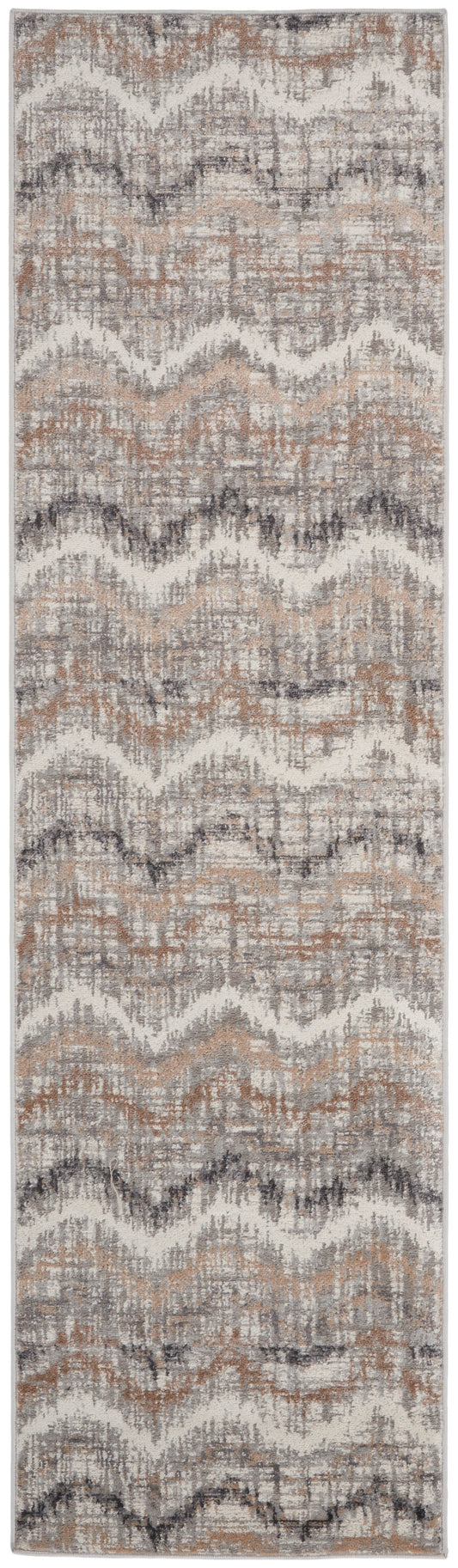 Rectangular runner rug with neutral wavy chevron pattern in beige, taupe, gray and ivory; woven texture.