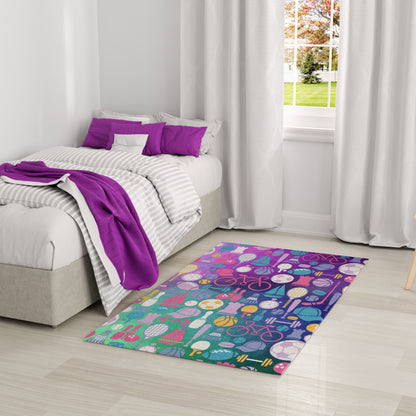 Colorful kids' sports-themed rug, 4' x 5'.