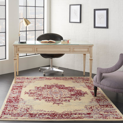 Glass-top wooden desk with ornate legs, brass lamp, open book, black swivel chair; lavender armchair, botanicals, city view.