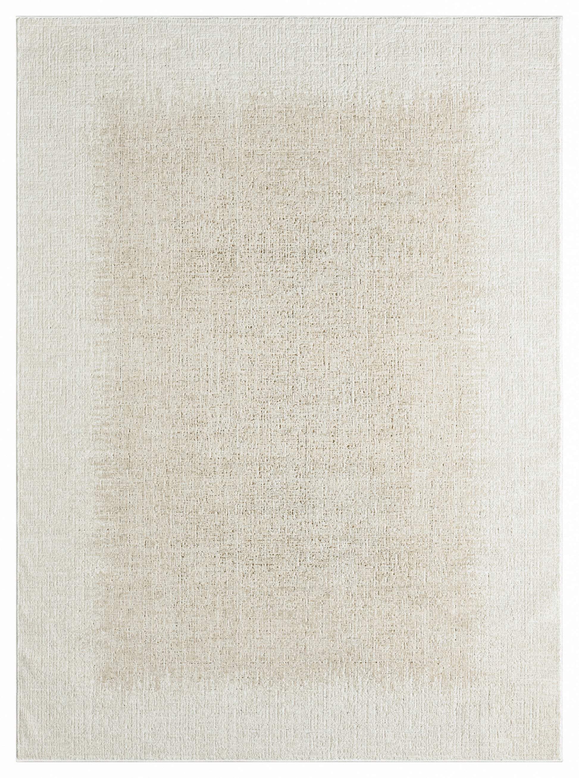 Rectangular beige area rug with a soft, distressed texture and cream-tan tones.