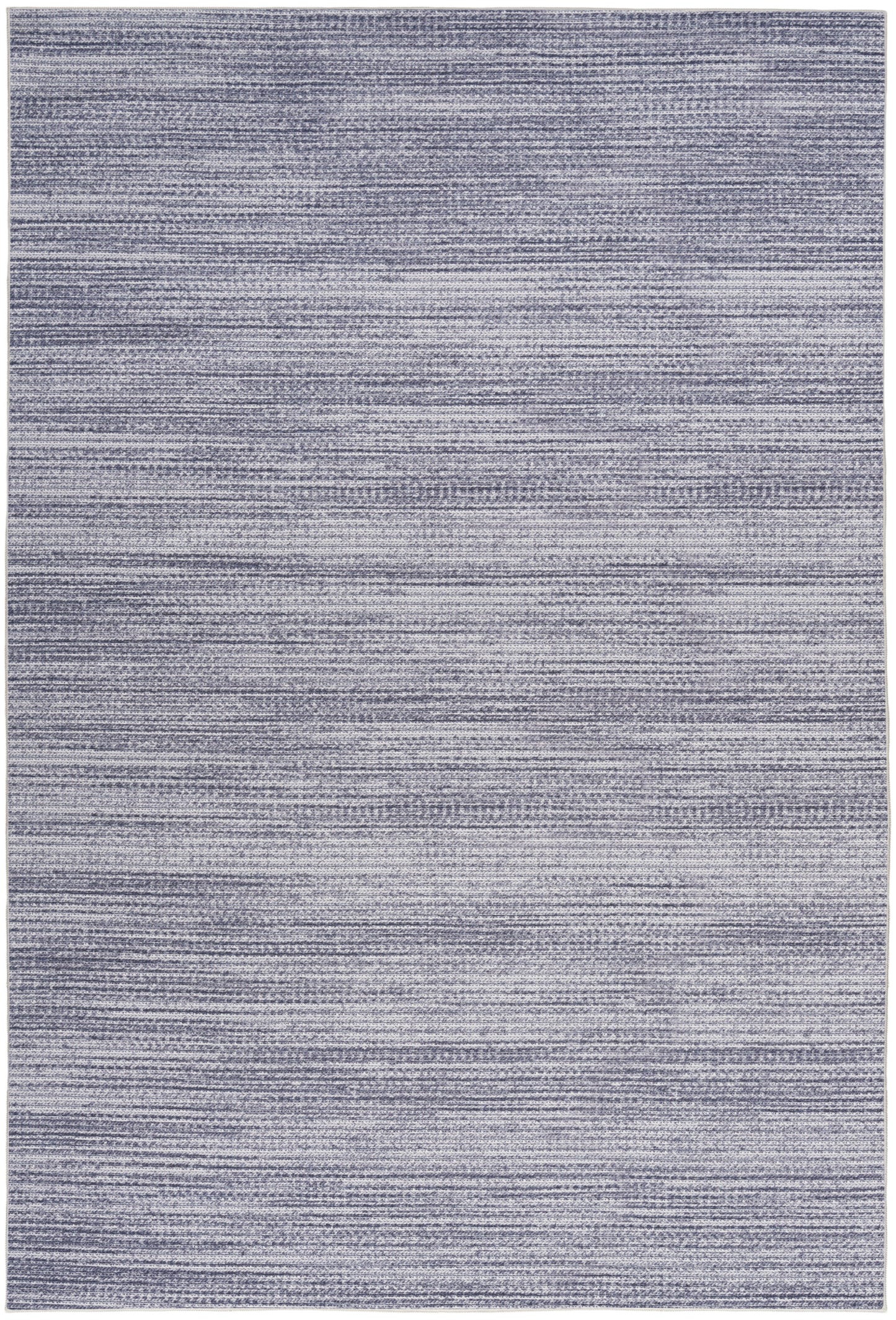 Blue-gray woven area rug with muted horizontal stripes and soft, distressed texture.