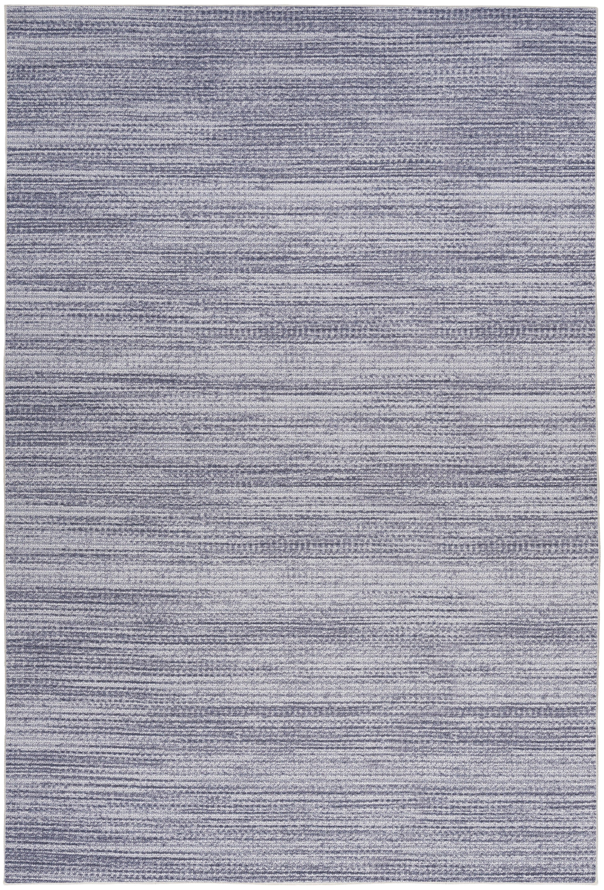 Blue-gray woven area rug with muted horizontal stripes and soft, distressed texture.