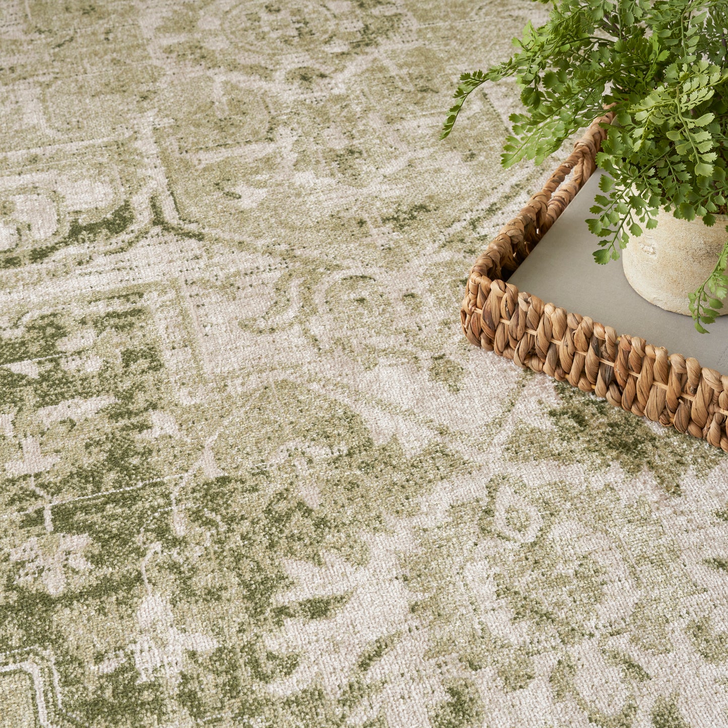 Olive and beige patterned round area rug with a soft distressed pile; woven texture and a wicker tray with a plant.