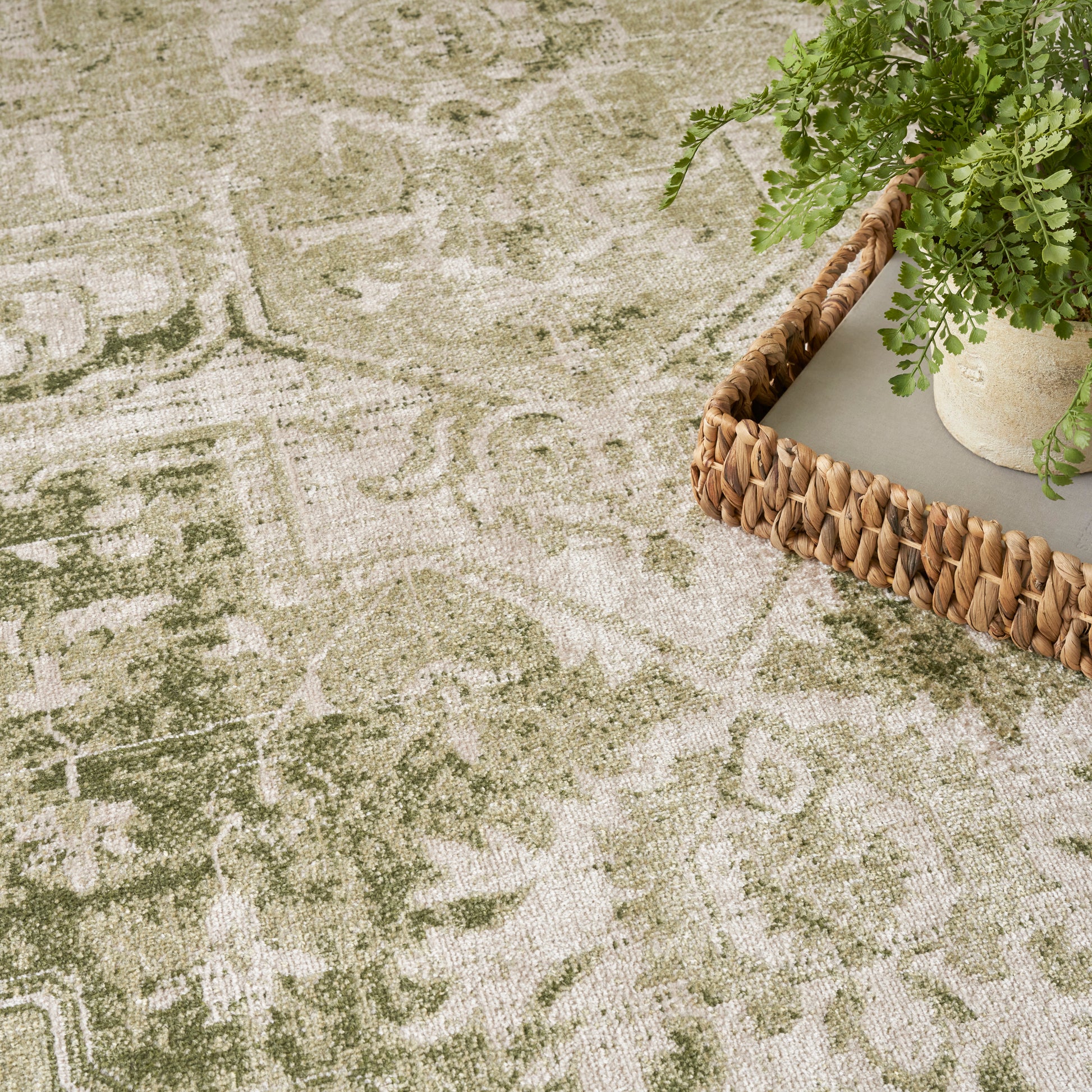 Olive and beige patterned round area rug with a soft distressed pile; woven texture and a wicker tray with a plant.