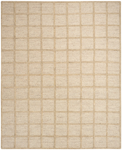 Beige woven rug with light tan grid pattern of squares; rectangular, soft texture, modern minimalist style.