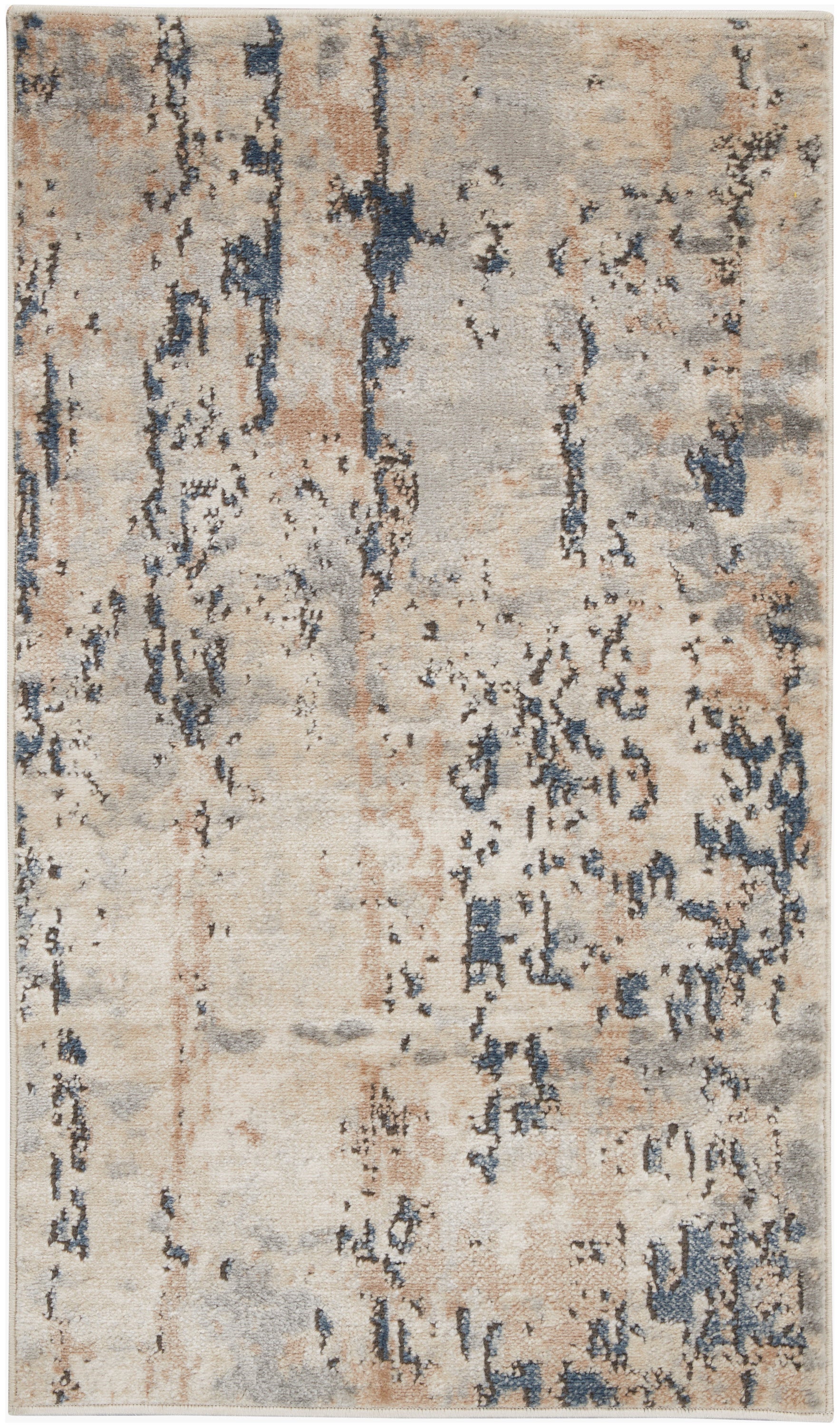 Rectangular abstract distressed area rug in beige, cream and gray with blue accents.