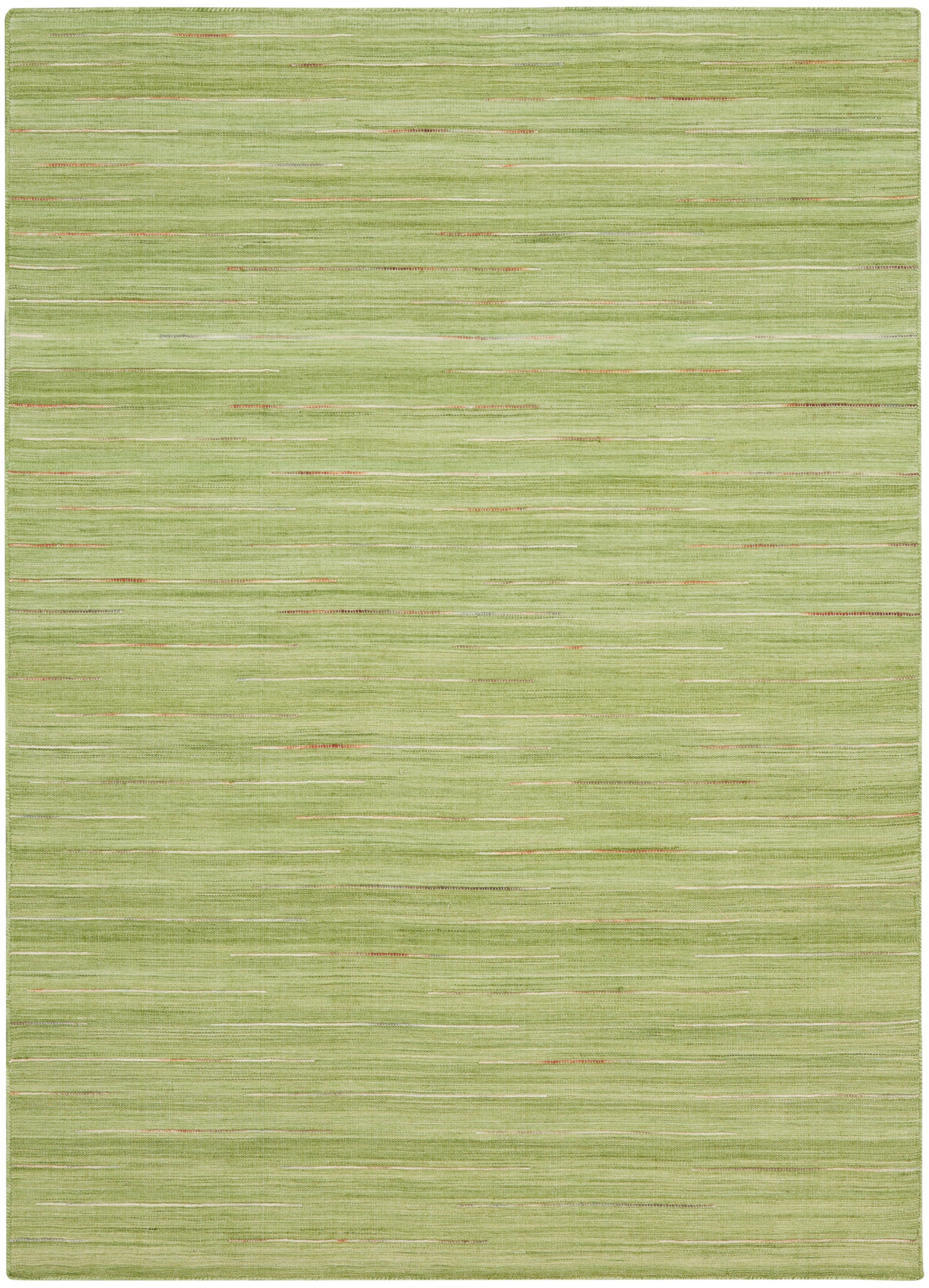 Light-green rug with uneven horizontal stripes in lime and olive tones, with subtle orange accents.
