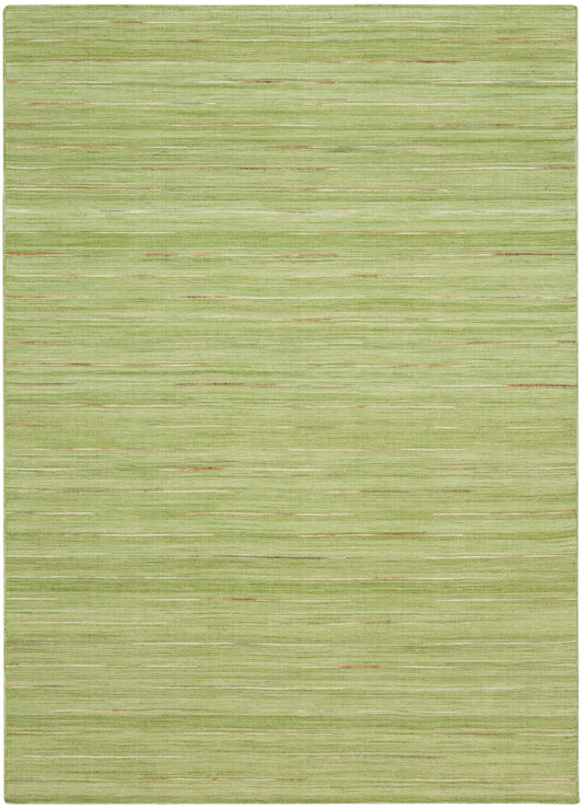Light-green rug with uneven horizontal stripes in lime and olive tones, with subtle orange accents.