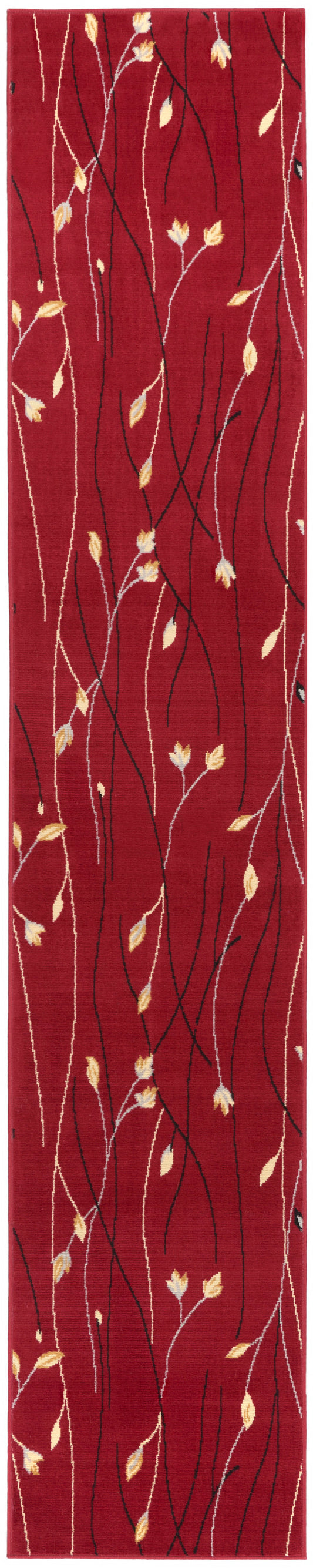 Red narrow runner rug with white and black branchlike vines and small yellow leaves.