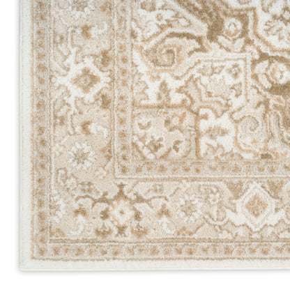 Cream and beige oriental rug with intricate floral medallion pattern and decorative border.