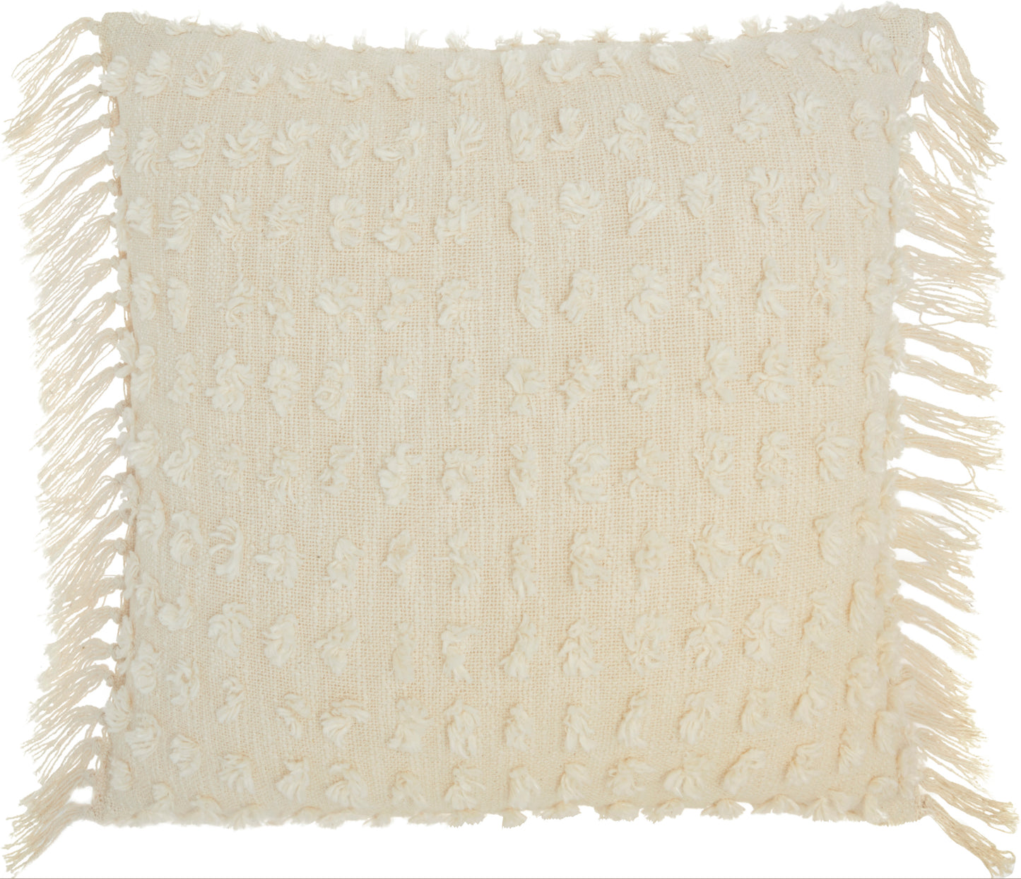 Cream textured throw blanket with fringed edges and a looped woven pattern.
