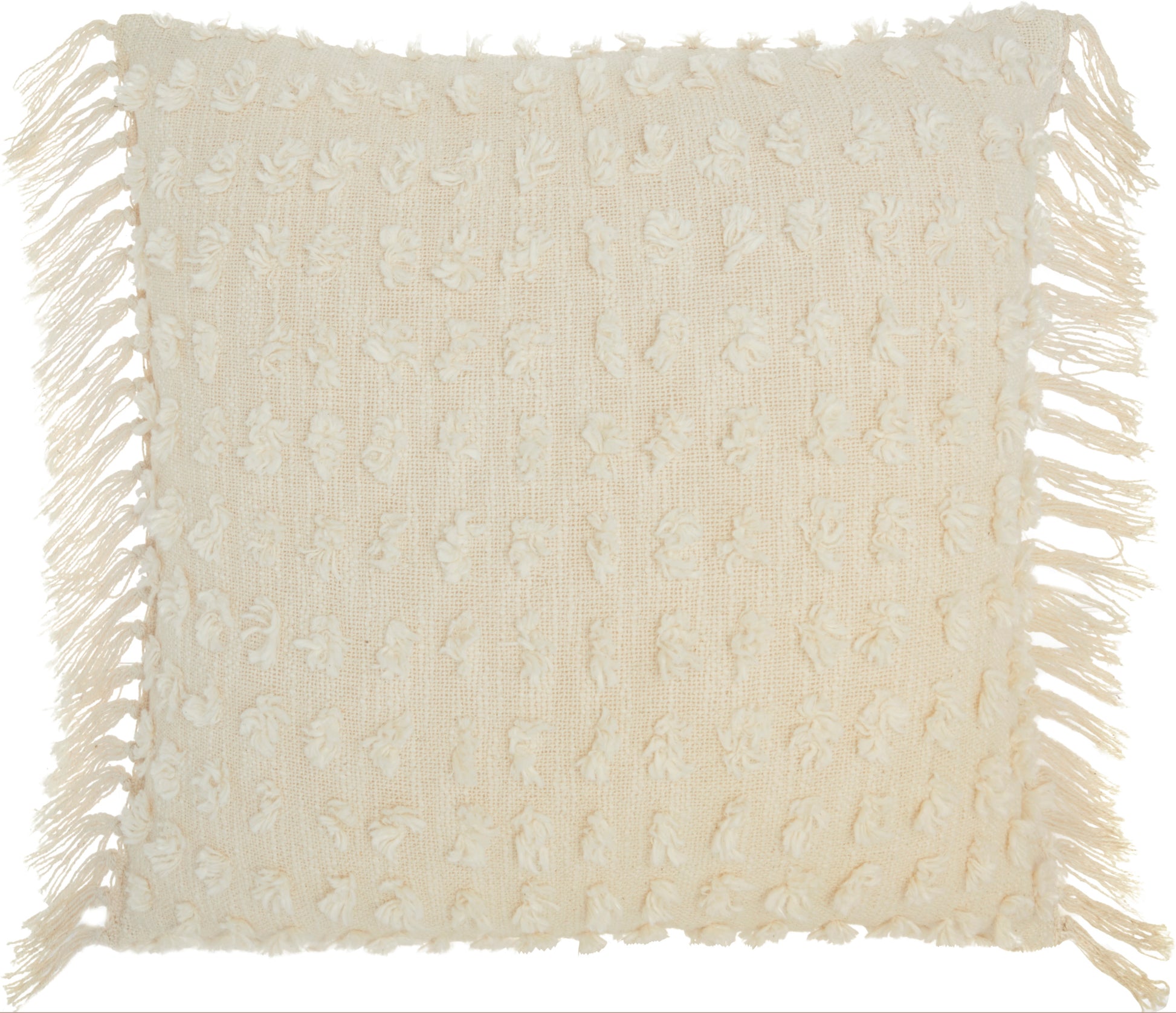 Cream textured throw blanket with fringed edges and a looped woven pattern.