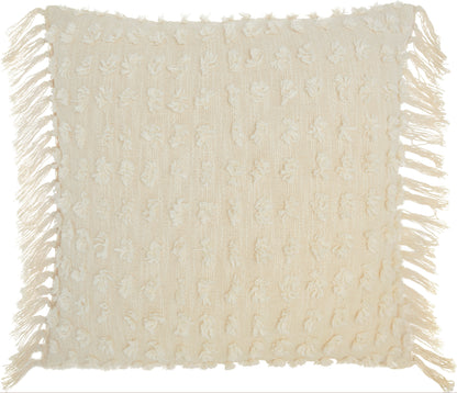 Cream textured throw blanket with fringed edges and a looped woven pattern.