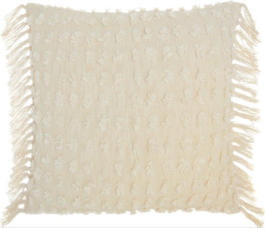 Cream textured throw blanket with fringed edges and a looped woven pattern.