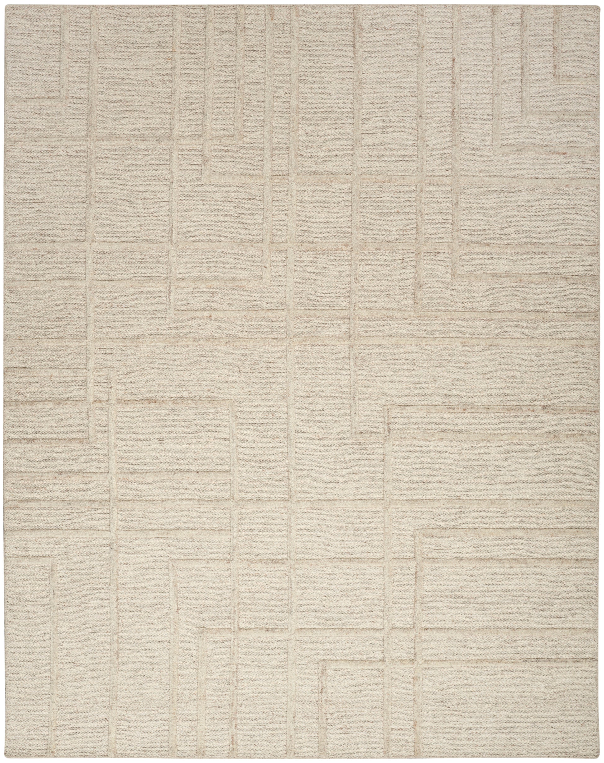 Beige woven area rug with a subtle geometric rectangular grid, soft texture, modern minimalist style.