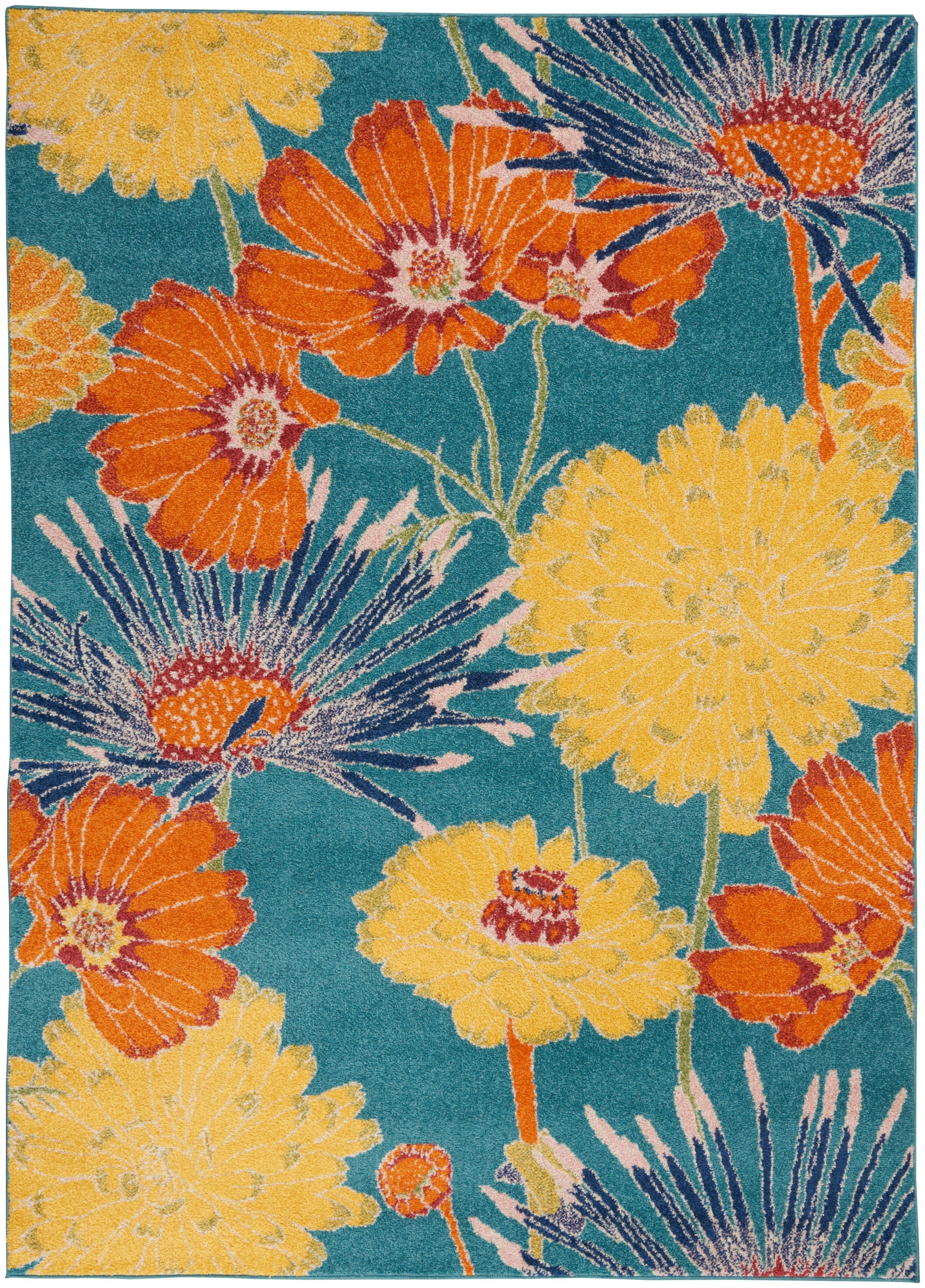 Bright teal rug with oversized orange and yellow flowers, green stems and purple-centered blooms; tropical floral design.