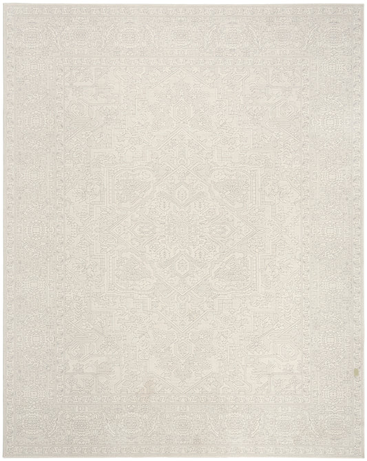 Cream rectangular rug with a faint geometric pattern and soft textured weave; versatile for living spaces.