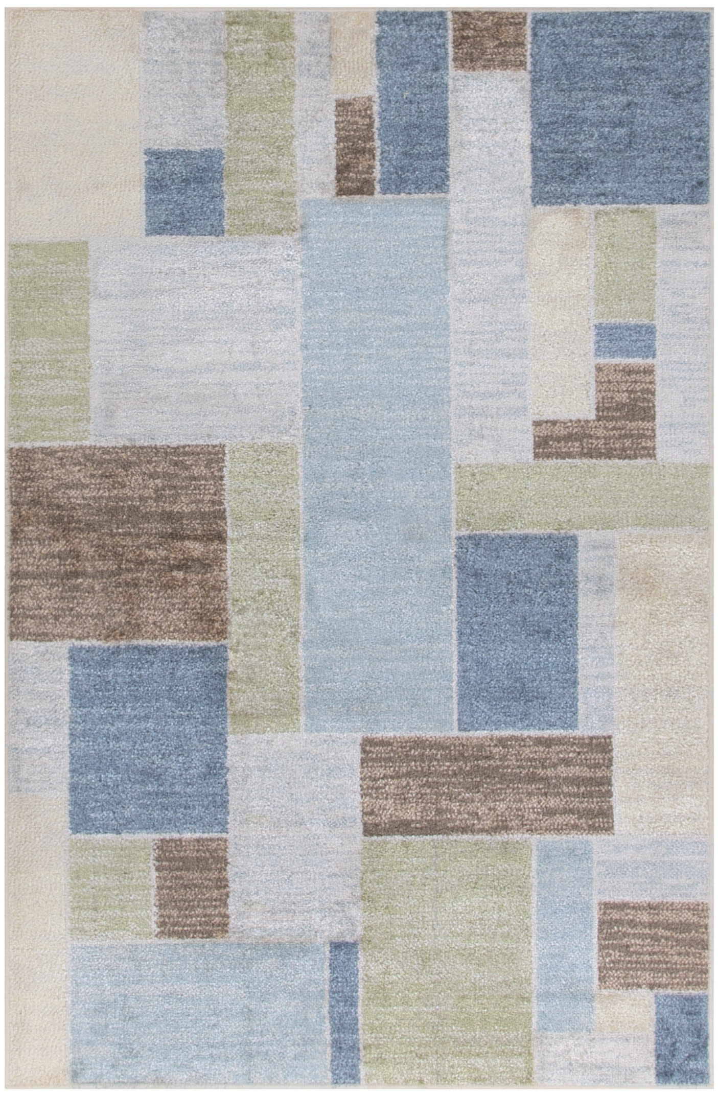 Geometric patchwork rug with rectangular blocks in blues, greens, beiges & browns; modern abstract floor covering.