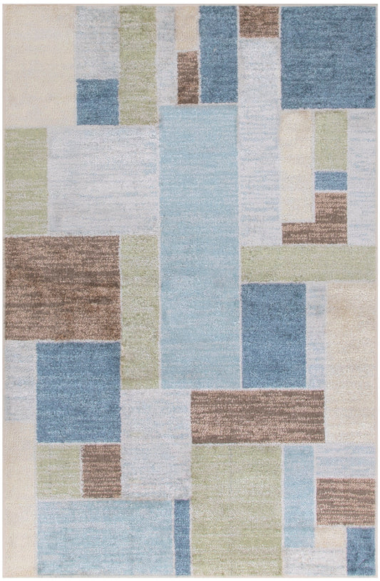 Geometric patchwork rug with rectangular blocks in blues, greens, beiges & browns; modern abstract floor covering.