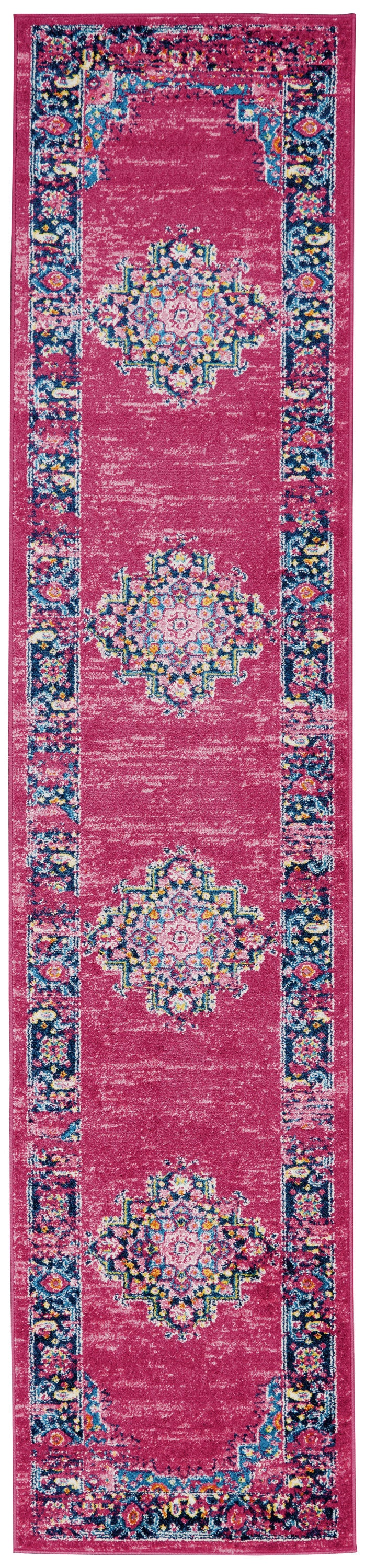 Magenta distressed runner rug with three oriental floral medallions and a navy blue border.